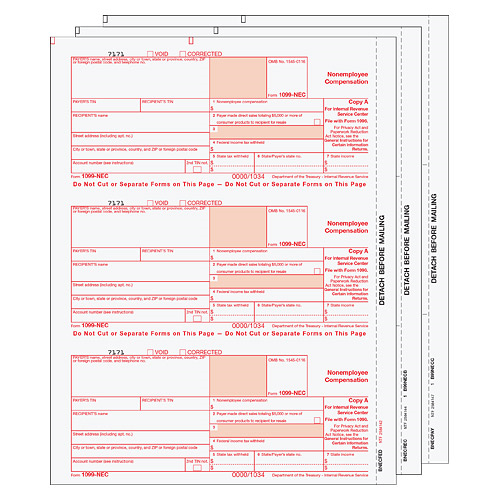 1099-NEC Laser (non-employee compensation) 3 Part Set